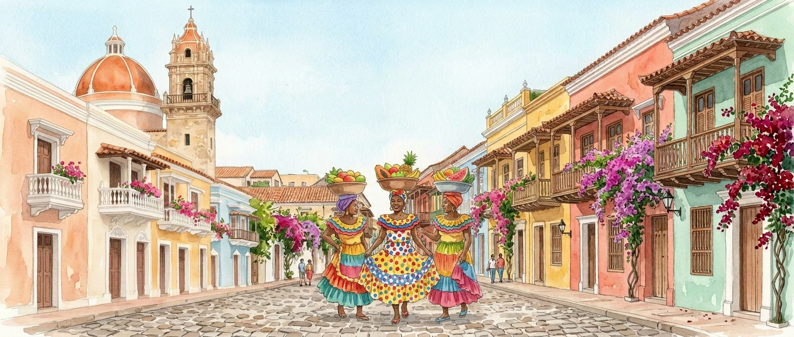 Illustration of a colorful Cartagena street with bougainvilleas