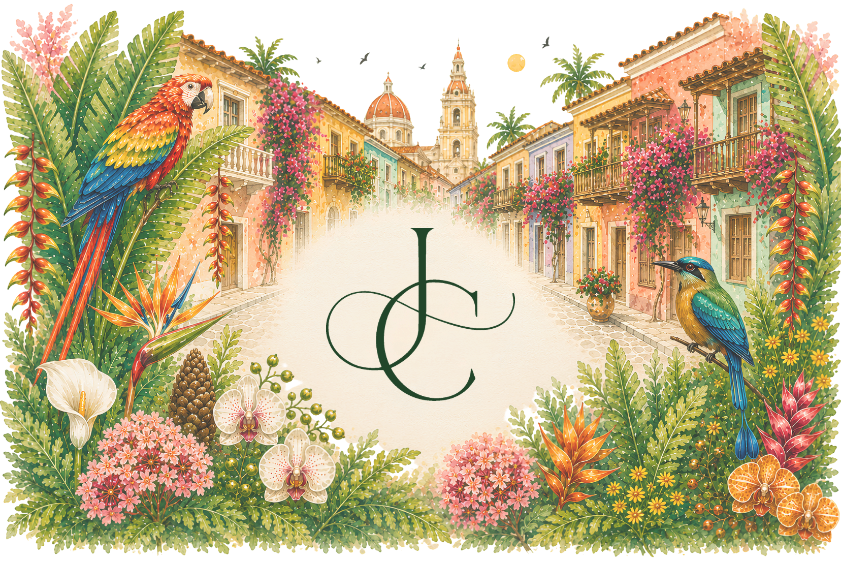 JC monogram surrounded by Cartagena tropical flora